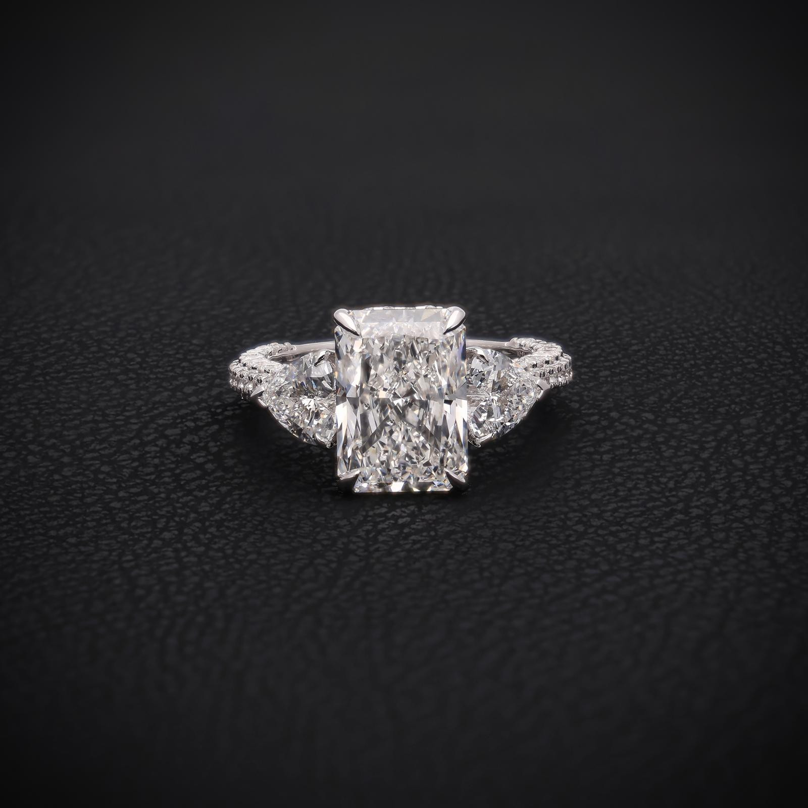 Radiant Cut Diamond Engagement Ring with Half-Moon Side Stones